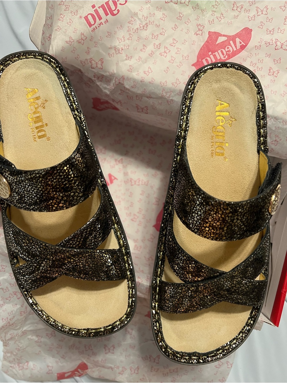 Alegria Black Glitter Cross-Strap Slide Sandals